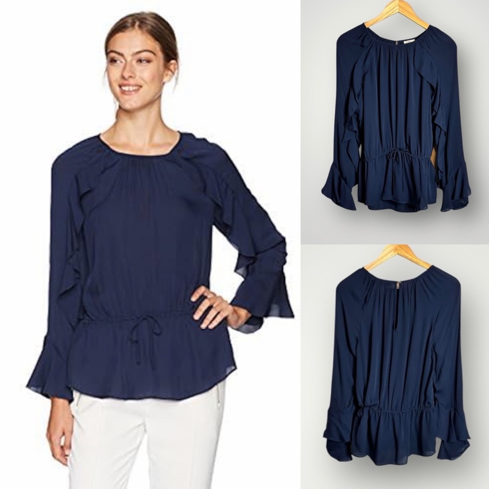 Joie Silk Long Ruffle Sleeve Tie Cinch Waist Blouse Size Medium Keyhole Back EUC